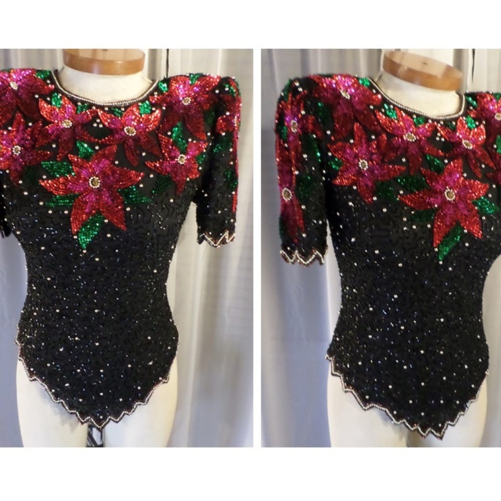 NWT Black Red Gold Silk Bead Sequin Holiday Blouse